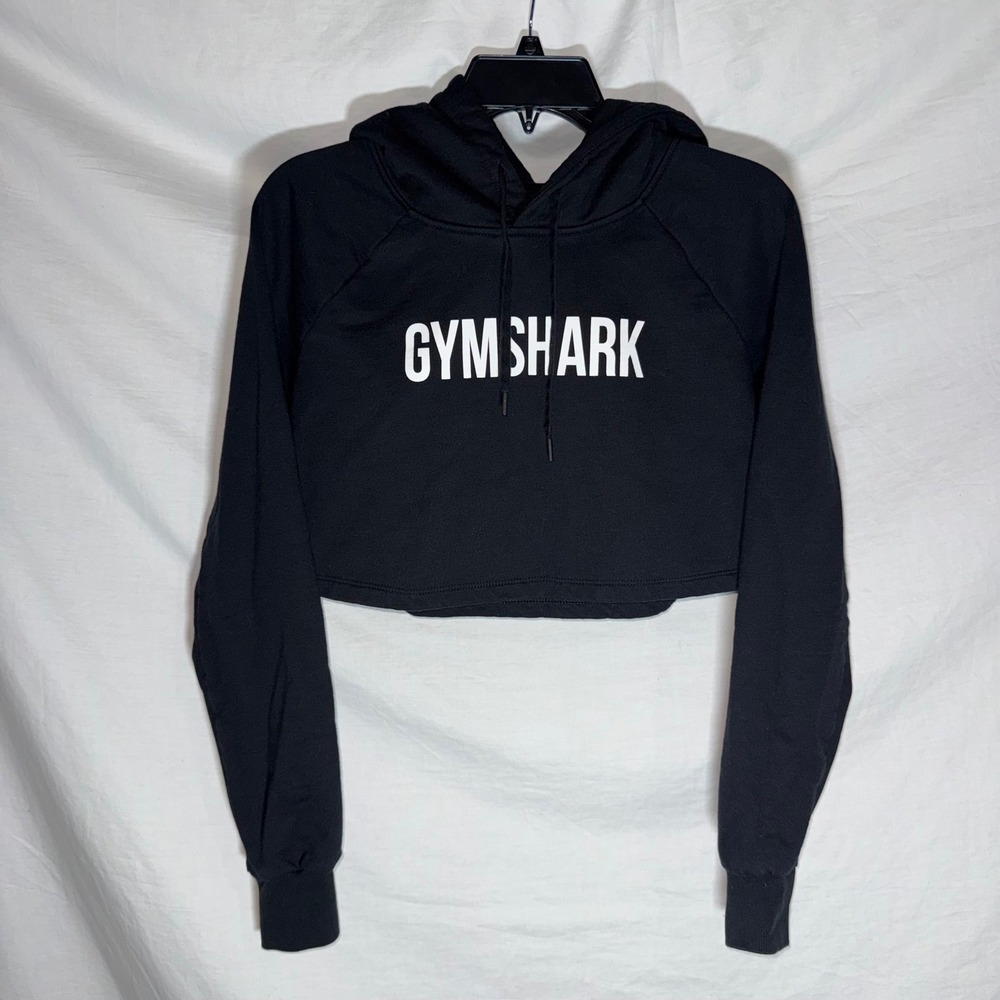 Gymshark Womens Black Cropped Logo Hoodie Sweatshirt Small Athleisure Activewear